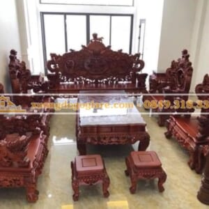 Bộ bàn ghế rồng đỉnh gỗ Hương Lào VIP – 12 món – Đoản 2m6